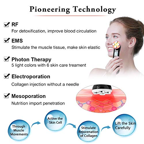 Facial Aparato Radiofrecuencia, Aparato Facial Ultrasonido, 5 Modos de Terapia de luz LED, Antiarrugas, Anti-envejecimiento, Rejuvenecimiento, Limpieza Profunda, Cuidado Facial, Buen Regalo de Damas