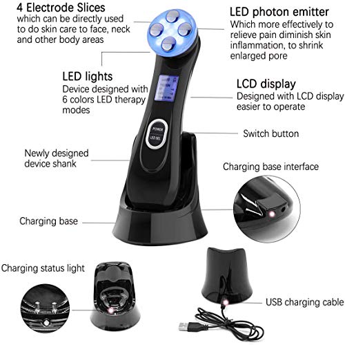 Facial Aparato Radiofrecuencia, Aparato Facial Ultrasonido, 5 Modos de Terapia de luz LED, Antiarrugas, Anti-envejecimiento, Rejuvenecimiento, Limpieza Profunda, Cuidado Facial, Buen Regalo de Damas