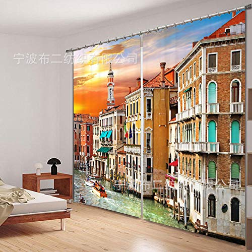 FAIEK 3D Cortinas Opacas De Térmica Aislante Adecuado para Balcon Salón Habitación Dormitorio-Anochecer Canal Venecia Paisaje-Modernos Halloween Cortinas-150Cmx166Cm
