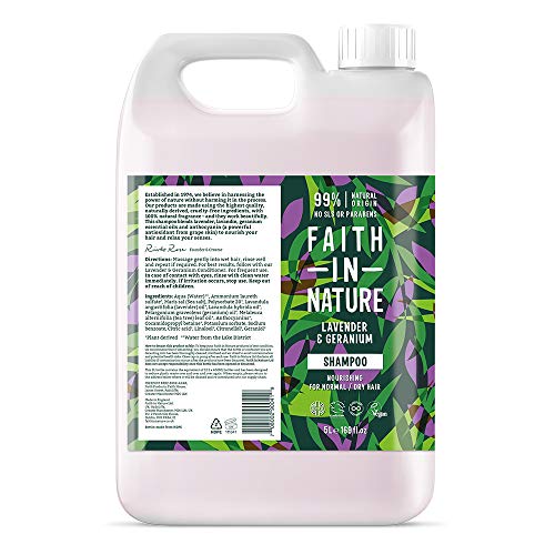 Faith in Nature Champú Natural de Lavanda y Geranio, Nutritivo, Vegano y No Testado en Animales, sin Parabenos ni SLS, para Cabello de Normal a Seco, Recarga de 5 l