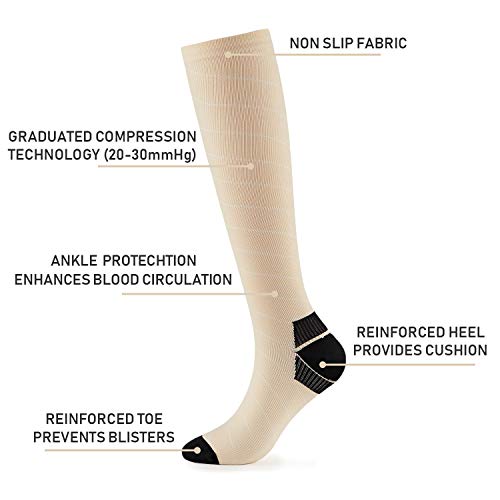 FALARY Los Calcetines de compresión evitan Las Venas varicosas Hombres Deportivos Mujeres Unisex (20-30 mmHg) 1 par Beige 39-42