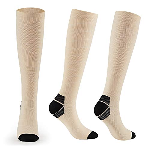 FALARY Los Calcetines de compresión evitan Las Venas varicosas Hombres Deportivos Mujeres Unisex (20-30 mmHg) 1 par Beige 39-42