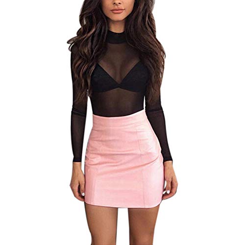 Falda De Verano para Mujer Falda De Verano para Niñas Ropa de Fiesta Elegante Playa De Moda Vintage Faldas Casuales PU De Cuero Cintura Alta Bodycon Una Línea Mini Falda (Color : Rosa, Size : XL)