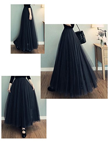 Falda Tul Larga Mujer 3 Capas de Tul Cintura Elástica Elegante Romántica de Fiesta Boda - Negra 80CM