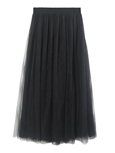 Falda Tul Larga Mujer 3 Capas de Tul Cintura Elástica Elegante Romántica de Fiesta Boda - Negra 80CM