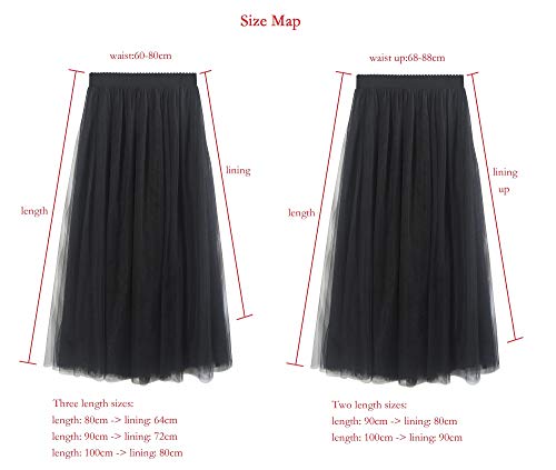 Falda Tul Larga Mujer 3 Capas de Tul Cintura Elástica Elegante Romántica de Fiesta Boda - Negra 90CM