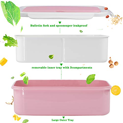 Fambrera Infantil, Lunch Box, Fiambrera con 3 Compartimientos, Cuchara Tenedor Lonchera, Bento Box Sostenible, para Microondas y Lavavajillas. (Rosado-A)