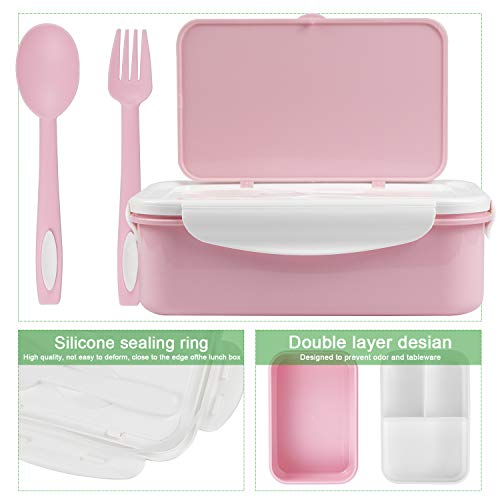 Fambrera Infantil, Lunch Box, Fiambrera con 3 Compartimientos, Cuchara Tenedor Lonchera, Bento Box Sostenible, para Microondas y Lavavajillas. (Rosado-A)