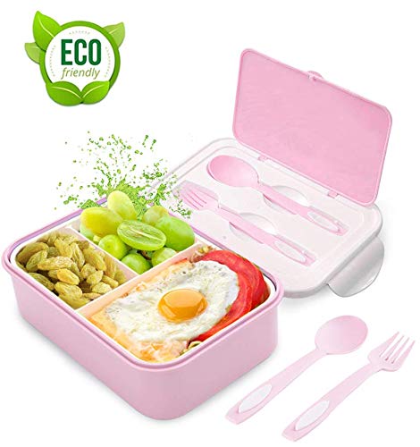 Fambrera Infantil, Lunch Box, Fiambrera con 3 Compartimientos, Cuchara Tenedor Lonchera, Bento Box Sostenible, para Microondas y Lavavajillas. (Rosado-A)