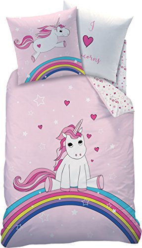 Familando Unicornio Juego de ropa de cama reversible 135 x 200 x 80 cm, linón, arcoíris 44965 Ropa de cama infantil rosa para niñas
