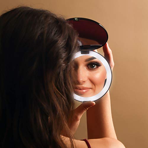 Fancii Espejo de Bolsillo Compacto Iluminado LED para Maquillaje - Aumento de 1X/10X - Gran Espejo Plegable de 127 mm con LED de Iluminación Natural - Portátil para de Viaje (Negro)
