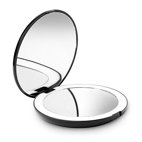 Fancii Espejo de Bolsillo Compacto Iluminado LED para Maquillaje - Aumento de 1X/10X - Gran Espejo Plegable de 127 mm con LED de Iluminación Natural - Portátil para de Viaje (Negro)