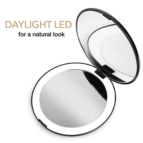 Fancii Espejo de Bolsillo Compacto Iluminado LED para Maquillaje - Aumento de 1X/10X - Gran Espejo Plegable de 127 mm con LED de Iluminación Natural - Portátil para de Viaje (Negro)