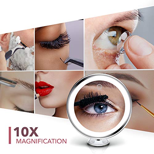 Fancii Espejo Maquillaje de Aumento 10x con Luz LED Diurna, USB y Pilas - Espejo Ventosa Iluminado, 20 cm de Ancho, Cromo (Luna)