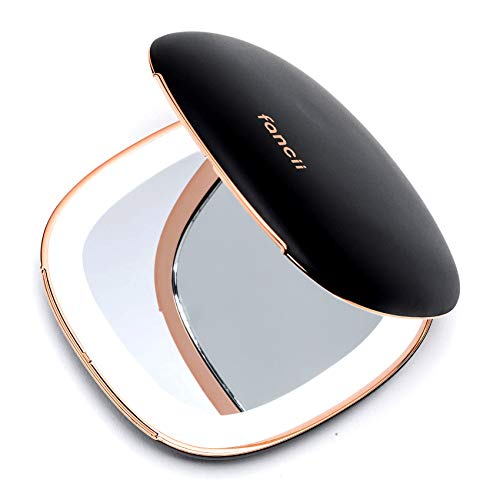 Fancii Espejo Maquillaje de Bolsillo Recargable con Luz LED Natural, Aumento 1x /10x - Espejo Compacto de Mano Iluminado para Bolso y Viaje, Negra (Mila)