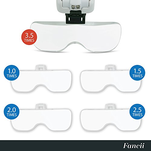 Fancii Gafas Lupa Visera con Luz LED y Cinco Lentes Intercambiable 1X a 3.5X - Lupa Relojero de Manos Libres para Leer, Soldar, Reparación de Joyería y Trabajo de Precisión