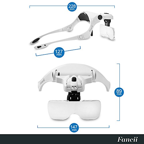 Fancii Gafas Lupa Visera con Luz LED y Cinco Lentes Intercambiable 1X a 3.5X - Lupa Relojero de Manos Libres para Leer, Soldar, Reparación de Joyería y Trabajo de Precisión