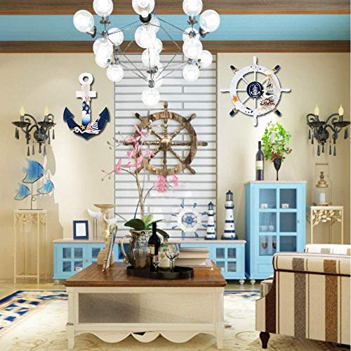 Fangoo 2 Pack 28 CM Rueda de Barco de Madera y 28 CM Ancla de Madera con Cuerda Barco náutico Dirección Timón Decoración de Pared Adorno Colgante de Puerta