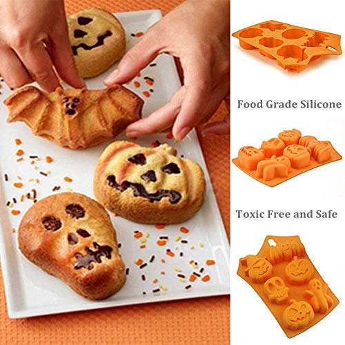 FansQ 2 Piezas de Molde para Hornear de Silicona Molde para Muffins, Utilizado para jabón, Chocolate, Galletas, Molde para Hornear de Halloween, Molde para Pastel de Calavera de Calabaza