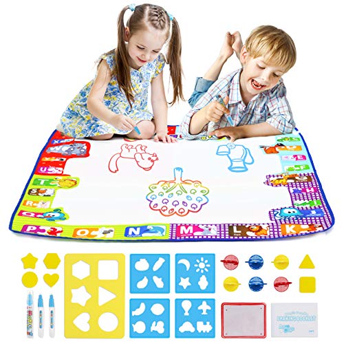 Fansteck Agua Dibujo Pintura, 78x78 cm Alfombra de Agua Doodle, Pizarra Mágica, Esteras de Agua Doodle. 3 Bolígrafos, 1 Libro Mágico. Juguete Educativo, Regalo Ideal para niños.