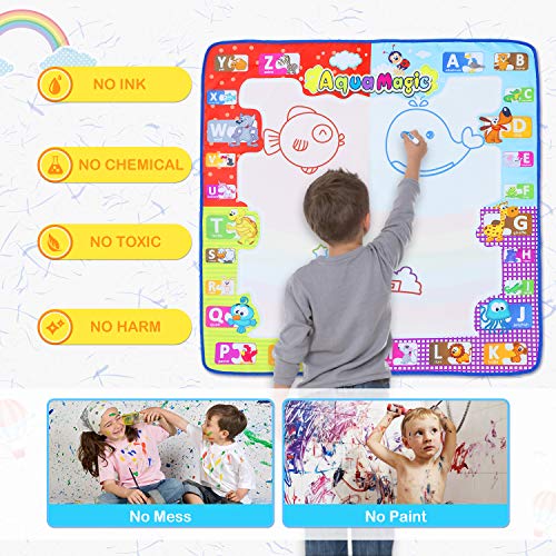 Fansteck Agua Dibujo Pintura, 78x78 cm Alfombra de Agua Doodle, Pizarra Mágica, Esteras de Agua Doodle. 3 Bolígrafos, 1 Libro Mágico. Juguete Educativo, Regalo Ideal para niños.