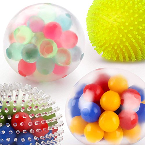 Fansteck Bola Antiestrés [4 Pack], Stress Ball de Diferentes diseño, Pelotas Antiestres, Squishy Ball Alivia estrés para niños y Adultos, fortalece Manos y Dedos.