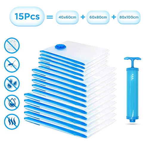 Fansteck Bolsas de Almacenaje al Vacío, 15 Piezas (5*Extra Grandes, 5*Grandes, 5*Pegueñas, 1*Bomba) Bolsas de Vacio Ropa, Bolsas Ahorro Espacio para Guardar Ropas, Almohadas, Mantas, Edredones