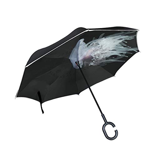 FANTAZIO Paraguas invertido ortiga Blanca Medusa de Doble Capa protección UV inversa Paraguas autostand en Forma de C Mango al revés, Plegable/desplegar a Prueba de Viento y Repelente al Agua
