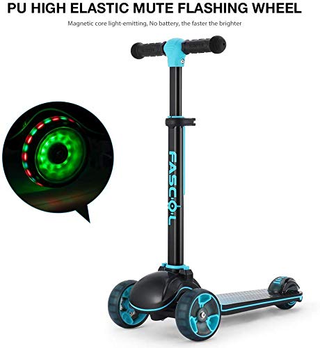 Fascol Patinete de Tres Ruedas para Niños de 3 a 12 Años, Luces LED, Scooter Plegable y Barra Ajustable en T, Carga Máxima 60 kg, (Azul Oscuro)