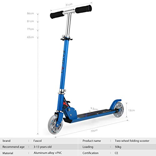 Fascol Patinete para niños, Scooter Patinete Infantil Plegable de Dos Ruedas , Manillar de Altura Regulable y Plegable,Blue