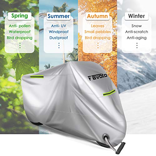Favoto Funda para Moto Cubierta de la Motocicleta 210D Oxford Sellado Térmico de Costura a Prueba de Polvo Lluvia Viento Hojas Excrementos de Aves al Aire Libre XXXL 265cm Plata