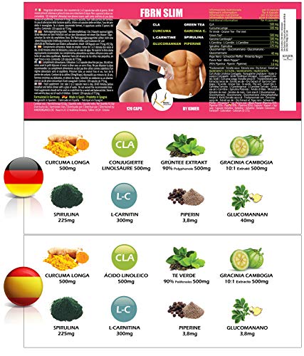 FBRN Quemador de Grasa | Termogénico Quemagrasa Potente para Perder Peso Rápido | Adelgazante con Garcinia Cambogia Cla Curcuma L-Carnitina Espirulina Glucomanán Piperina Té Verde | 120 Cáps