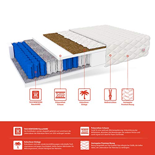FDM Europa-Colchón (90 x 200 cm, 7 Zonas de muelles ensacados, dureza H4/H3, Espuma de Poliuretano, 18 cm de Alto), Coco