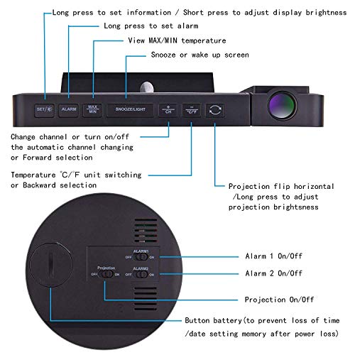 Febelle Despertador Digital Estación meteorológica inalámbrica Alarma de proyección Relojes atómicos con Sensor Remoto para Temperatura y Humedad