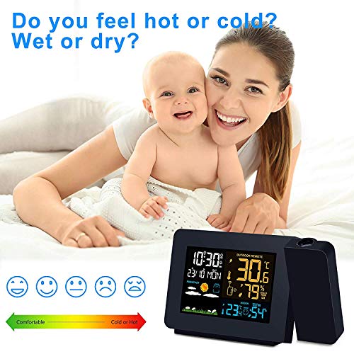 Febelle Despertador Digital Estación meteorológica inalámbrica Alarma de proyección Relojes atómicos con Sensor Remoto para Temperatura y Humedad