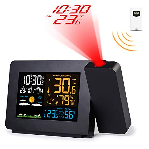 Febelle Despertador Digital Estación meteorológica inalámbrica Alarma de proyección Relojes atómicos con Sensor Remoto para Temperatura y Humedad