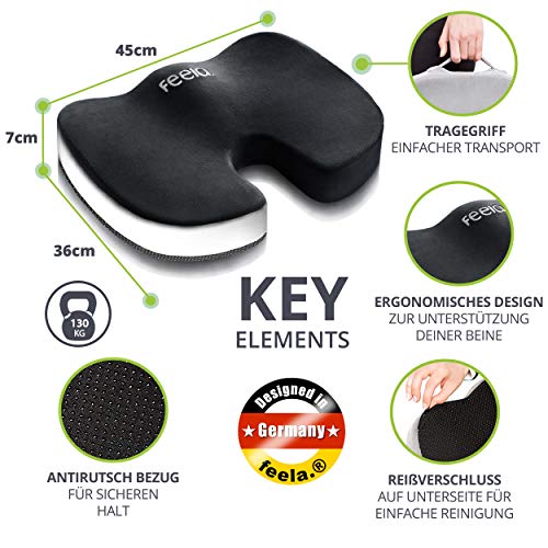 feela.® Cojín De Asiento Ortopédico para Silla De Oficina Y Coche Incl. E-Book - Cojín De Asiento Ergonómico Que Reduce El Dolor, Aumenta La Comodidad Al SentarseY Alivia El Coxis (Negro)