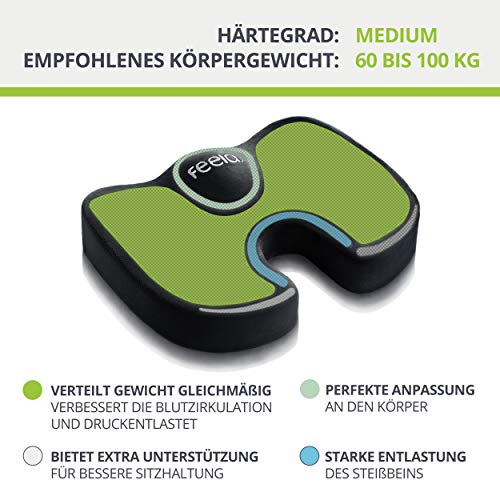 feela.® Cojín De Asiento Ortopédico para Silla De Oficina Y Coche Incl. E-Book - Cojín De Asiento Ergonómico Que Reduce El Dolor, Aumenta La Comodidad Al SentarseY Alivia El Coxis (Negro)