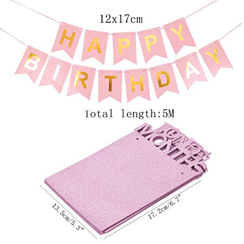 Feelairy 1er Cumpleaños Bebe Globos Decoracion para Niña, 1 Año Cumpleaños Globos Decoración para Fiesta de Primer Cumpleaños, Happy Birthday Pancarta Banderines Rosa, 12 Meses Foto Guirnalda