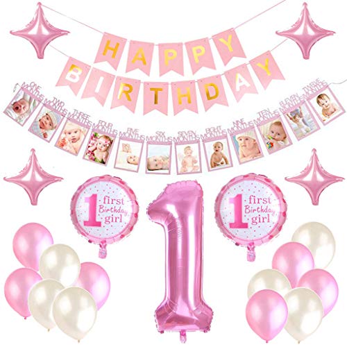 Feelairy 1er Cumpleaños Bebe Globos Decoracion para Niña, 1 Año Cumpleaños Globos Decoración para Fiesta de Primer Cumpleaños, Happy Birthday Pancarta Banderines Rosa, 12 Meses Foto Guirnalda