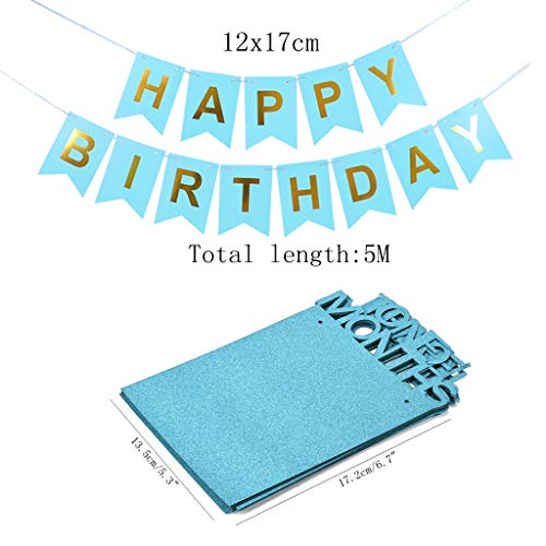 Feelairy 1er Cumpleaños Bebe Globos Decoracion para Niño, 1 Año Cumpleaños Globos Decoración para Fiesta de Primer Cumpleaños, Happy Birthday Pancarta Banderines Azul, 12 Meses Foto Guirnalda