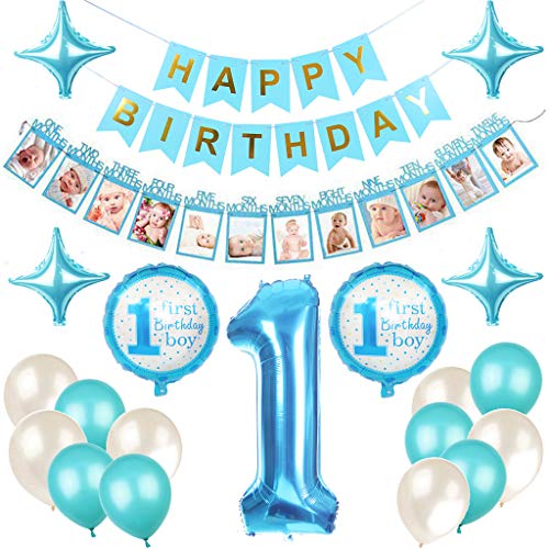 Feelairy 1er Cumpleaños Bebe Globos Decoracion para Niño, 1 Año Cumpleaños Globos Decoración para Fiesta de Primer Cumpleaños, Happy Birthday Pancarta Banderines Azul, 12 Meses Foto Guirnalda