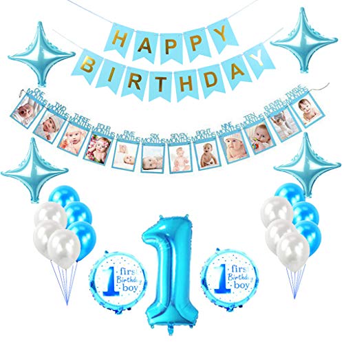 Feelairy 1er Cumpleaños Bebe Globos Decoracion para Niño, 1 Año Cumpleaños Globos Decoración para Fiesta de Primer Cumpleaños, Happy Birthday Pancarta Banderines Azul, 12 Meses Foto Guirnalda