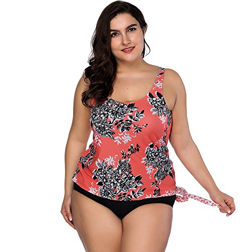 FeelinGirl Conjunto de Bikini Estampado Floral Falda y Braga Talle Medio 2 Piezas Talla Grande para Mujer Lazo-Naranja XL(Talla 46-48)