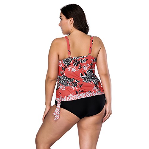 FeelinGirl Conjunto de Bikini Estampado Floral Falda y Braga Talle Medio 2 Piezas Talla Grande para Mujer Lazo-Naranja XL(Talla 46-48)