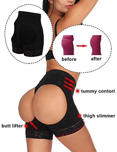 FeelinGirl Mujer Braga Moldeado Sexy Cadera Descubierta Shapewear Butt Lifter Control de Panza Ropa Interior Faja de Encaje sin Costuras Negro ES 38-40