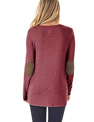 FeelinGirl Mujer Camiseta de Manga Larga con Cuello Redondo Blusa Casual de Algodón Camisa Sólido Rojo S 38