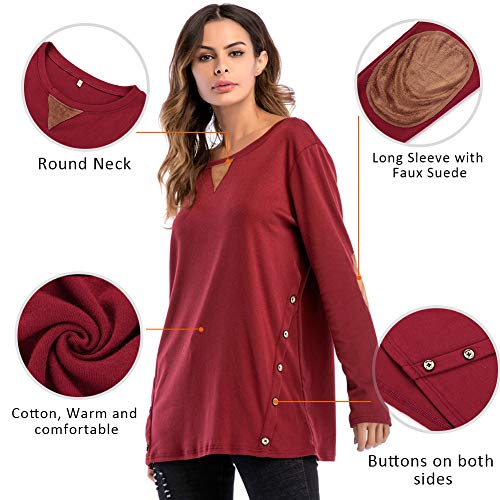 FeelinGirl Mujer Camiseta de Manga Larga con Cuello Redondo Blusa Casual de Algodón Camisa Sólido Rojo S 38