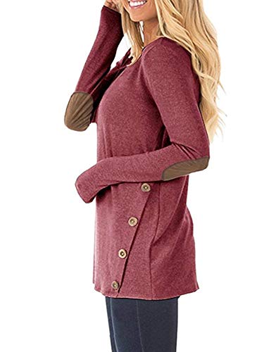 FeelinGirl Mujer Camiseta de Manga Larga con Cuello Redondo Blusa Casual de Algodón Camisa Sólido Rojo S 38