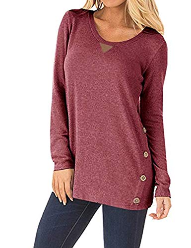 FeelinGirl Mujer Camiseta de Manga Larga con Cuello Redondo Blusa Casual de Algodón Camisa Sólido Rojo S 38